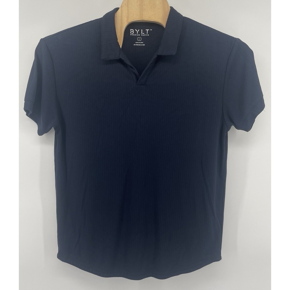 BYLT Polo Shirt Mens Lg Navy Blue Ribbed V-Neck Short Sleeve Premium Basics